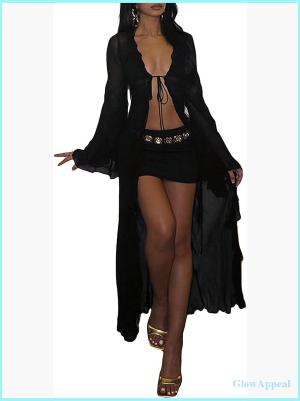 Long Flowy Kimono Cardigan Sheer Long Sleeve Ruffled Chiffon Duster Robe Summer